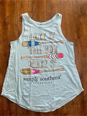 Simply Southern Light Blue Cotton Graphic Tee with Pink Tag Detail